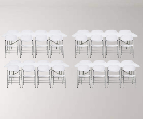 CP Granite White Heavy-Duty Blow Molded Plastic Folding Tables with 32 White Folding Chairs (4) 30" x 96"| Versatile Seating and Hosting Ensemble- Chicken Pieces