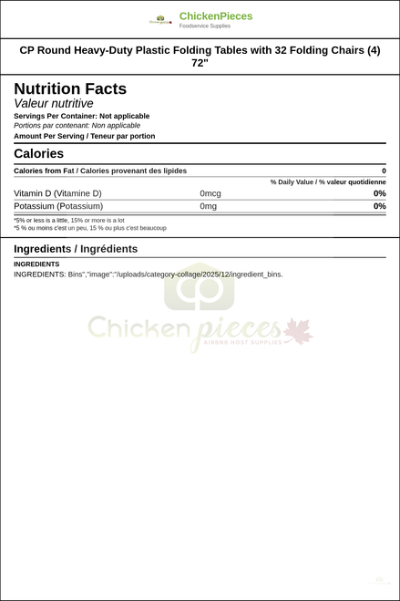 CP Round Heavy-Duty Plastic Folding Tables with 32 Folding Chairs (4) 72" — Nutrition and Ingredients Label — www.chickenpieces.com