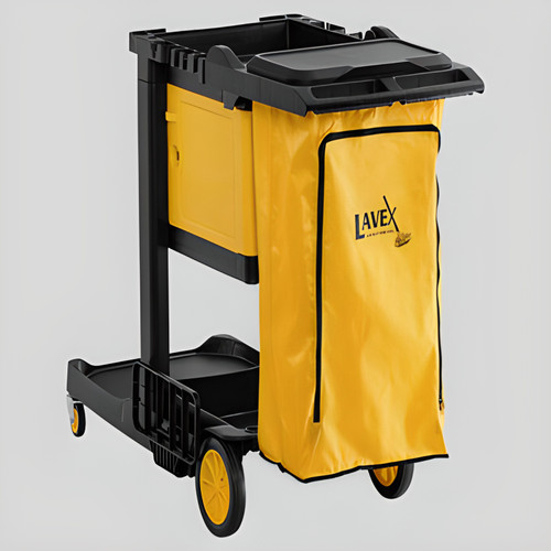 CP Janitorial Premium 3-Shelf Janitor Cart Kit with Yellow Zippered Bag, Lid, and Single Lock Box | Comprehensive Cleaning Solution with Enhanced Security