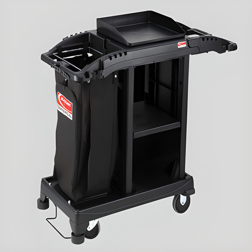 Suncast Black Standard Compact Janitorial / Housekeeping Cart with Bag and Non-Marring Wall Bumpers | Efficient and Space-Saving Cleaning Solution