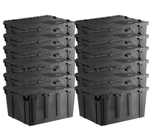  Orbis 24" x 20" x 13" Stack-N-Nest Flipak Black Industrial Tote Box with Hinged Lockable Lid (12-Pack) - Secure and Spacious Storage Solution for Industrial Use 