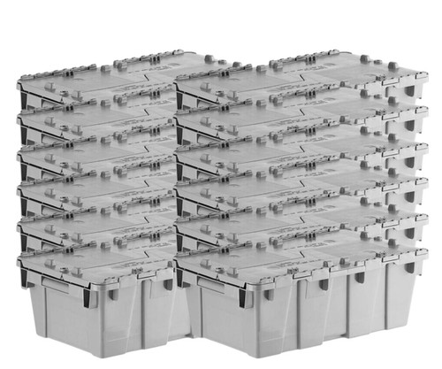  Orbis 20" x 12" x 8" Stack-N-Nest Flipak Gray Tote Box with Hinged Lockable Lid (12-Pack) - Secure and Compact Storage Solution 