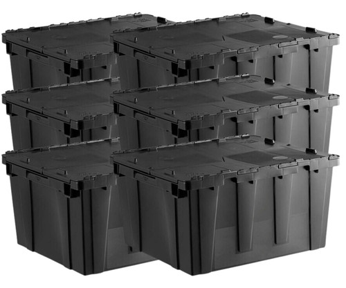  Orbis 24" x 20" x 13" Stack-N-Nest Flipak Black Tote Box with Hinged Lockable Lid (6-Pack) - Secure and Spacious Storage Solution 