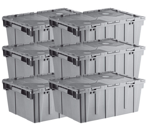  Orbis 21" x 15" x 9" Stack-N-Nest Flipak Gray Tote Box with Hinged Lockable Lid and Pin (6-Pack) - Secure and Stackable Storage Solution 