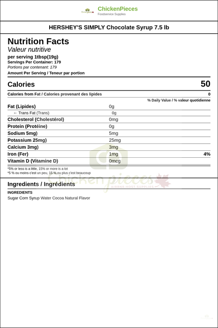 HERSHEY'S SIMPLY Chocolate Syrup 7.5 lb — Nutrition and Ingredients Label — www.chickenpieces.com