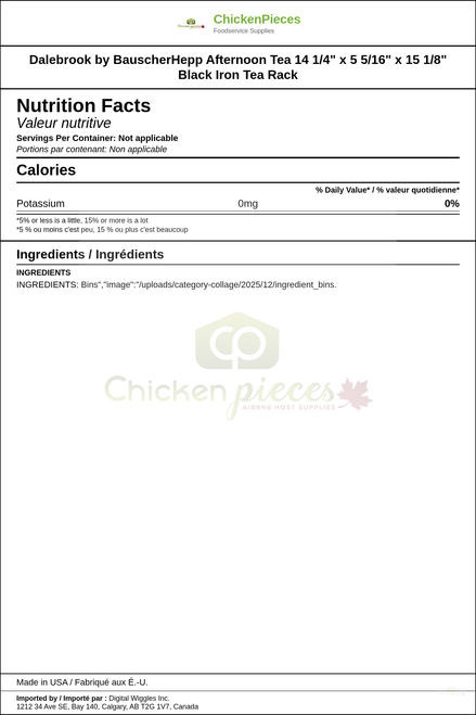 Dalebrook by BauscherHepp Afternoon Tea 14 1/4" x 5 5/16" x 15 1/8" Black Iron Tea Rack — Nutrition and Ingredients Label — www.chickenpieces.com