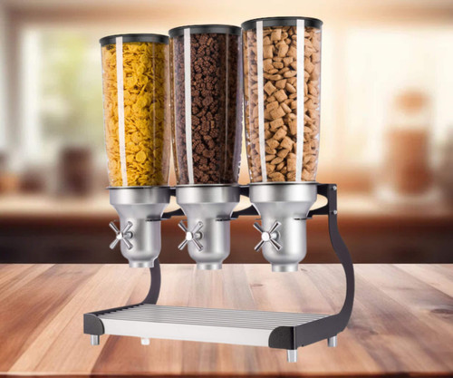 Cal-Mil Turn N Serve Black 5 Liter Triple Canister Cereal Dispenser - Effortless Cereal Service