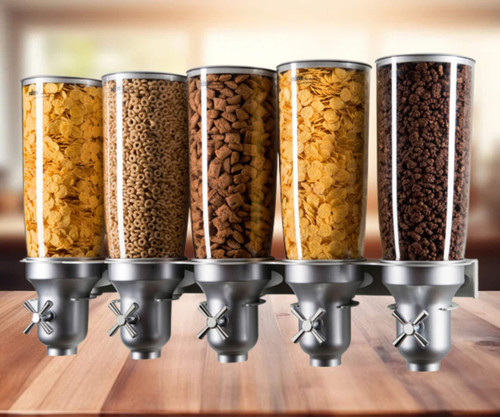 Cal-Mil Turn N Serve Platinum Wall Mount 5 Liter, 5 Canister Cereal Dispenser - Space-Saving Breakfast Convenience
