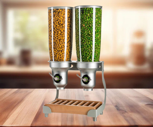 Cal-Mil Turn N Serve Beechwood 5 Liter Double Canister Cereal Dispenser - Efficient Cereal Service with Natural Appeal