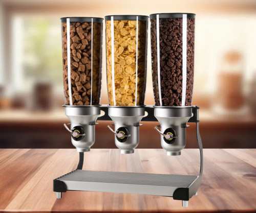 Cal-Mil Black Free Flow 5 Liter Triple Canister Cereal Dispenser - Effortless Cereal Service with Customizable Portion Control