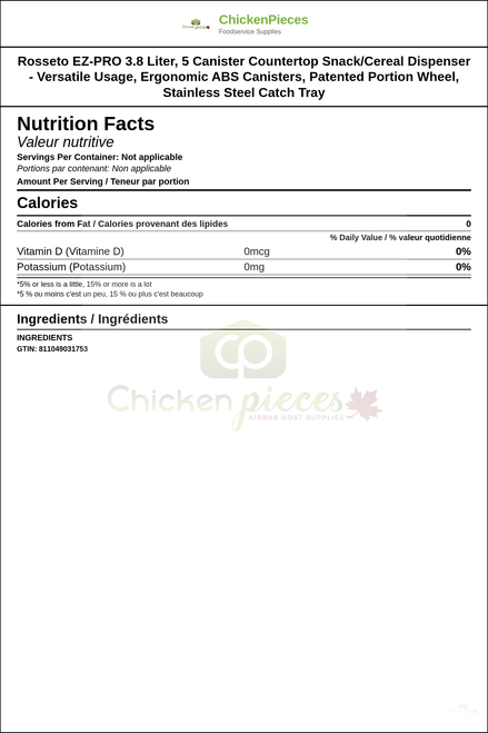 Rosseto EZ-PRO 3.8 Liter, 5 Canister Countertop Snack/Cereal Dispenser - Versatile Usage, Ergonomic ABS Canisters, Patented Portion Wheel, Stainless Steel Catch Tray — Nutrition and Ingredients Label — www.chickenpieces.com