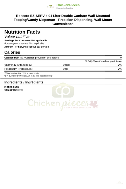 Rosseto EZ-SERV 4.94 Liter Double Canister Wall-Mounted Topping/Candy Dispenser - Precision Dispensing, Wall-Mount Convenience — Nutrition and Ingredients Label — www.chickenpieces.com