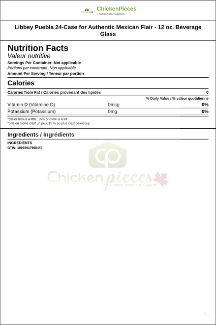 Libbey Puebla 24-Case for Authentic Mexican Flair - 12 oz. Beverage Glass — Nutrition and Ingredients Label — www.chickenpieces.com