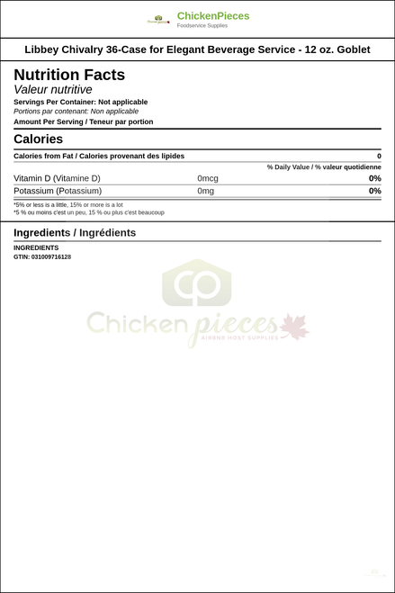 Libbey Chivalry 36-Case for Elegant Beverage Service - 12 oz. Goblet — Nutrition and Ingredients Label — www.chickenpieces.com