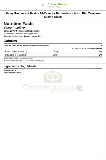 Libbey Restaurant Basics 24-Case for Bartenders - 14 oz. Rim Tempered Mixing Glass — Nutrition and Ingredients Label — www.chickenpieces.com