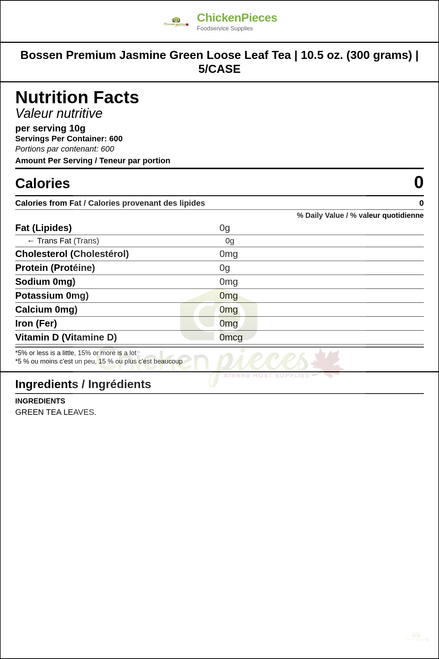 Bossen Premium Jasmine Green Loose Leaf Tea | 10.5 oz. (300 grams) | 5/CASE — Nutrition and Ingredients Label — www.chickenpieces.com