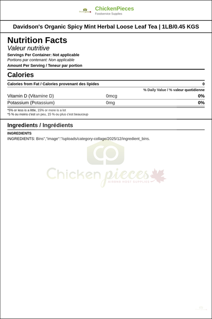 Davidson's Organic Spicy Mint Herbal Loose Leaf Tea | 1LB/0.45 KGS — Nutrition and Ingredients Label — www.chickenpieces.com