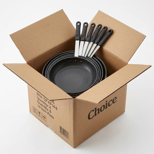 CP Hospo 14" Aluminum Non-Stick Fry Pan with Black Silicone Handle (6/CASE)-Chicken Pieces