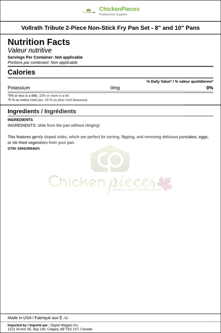 Vollrath Tribute 2-Piece Non-Stick Fry Pan Set - 8" and 10" Pans — Nutrition and Ingredients Label — www.chickenpieces.com