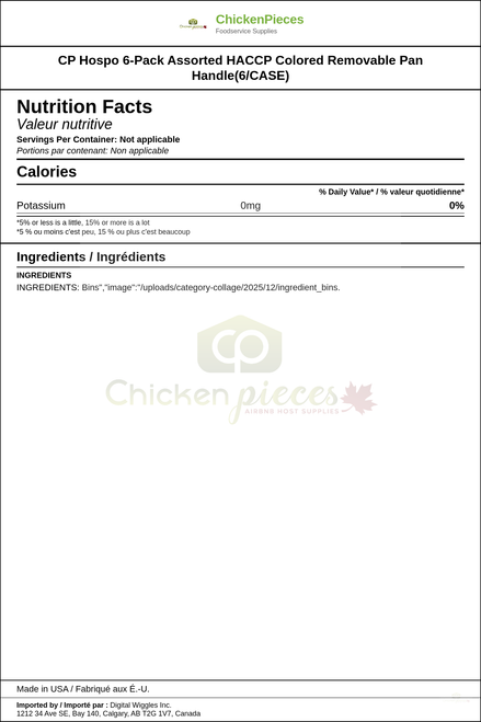CP Hospo 6-Pack Assorted HACCP Colored Removable Pan Handle(6/CASE) — Nutrition and Ingredients Label — www.chickenpieces.com