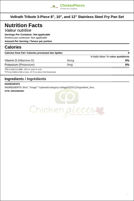 Vollrath Tribute 3-Piece 8", 10", and 12" Stainless Steel Fry Pan Set — Nutrition and Ingredients Label — www.chickenpieces.com