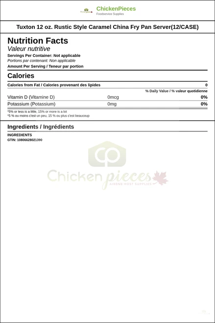 Tuxton 12 oz. Rustic Style Caramel China Fry Pan Server(12/CASE) — Nutrition and Ingredients Label — www.chickenpieces.com