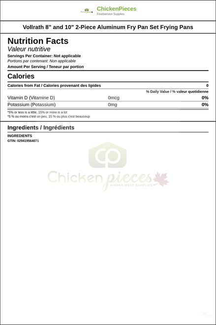 Vollrath 8" and 10" 2-Piece Aluminum Fry Pan Set Frying Pans — Nutrition and Ingredients Label — www.chickenpieces.com