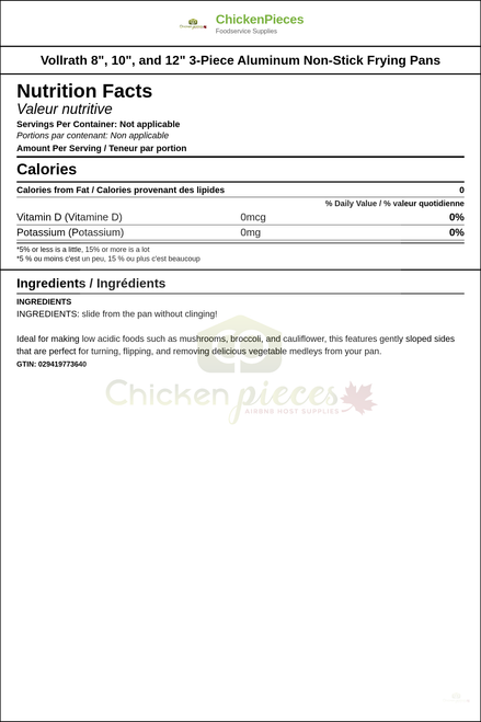 Vollrath 8", 10", and 12" 3-Piece Aluminum Non-Stick Frying Pans — Nutrition and Ingredients Label — www.chickenpieces.com