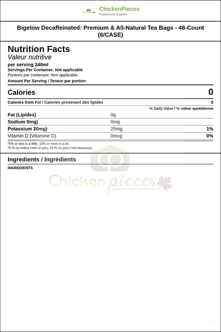 Bigelow Decaffeinated: Premium & All-Natural Tea Bags - 48-Count (6/CASE) — Nutrition and Ingredients Label — www.chickenpieces.com