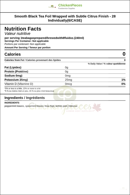Smooth Black Tea Foil Wrapped with Subtle Citrus Finish - 28 Individually(6/CASE) — Nutrition and Ingredients Label — www.chickenpieces.com