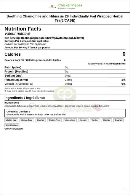 Soothing Chamomile and Hibiscus 28 Individually Foil Wrapped Herbal Tea(6/CASE) — Nutrition and Ingredients Label — www.chickenpieces.com