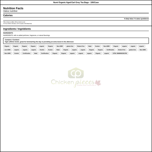 Numi Aged Perfection: Organic Earl Grey Tea Bags - 100-Count (4/Case) — Nutrition and Ingredients Label — www.chickenpieces.com