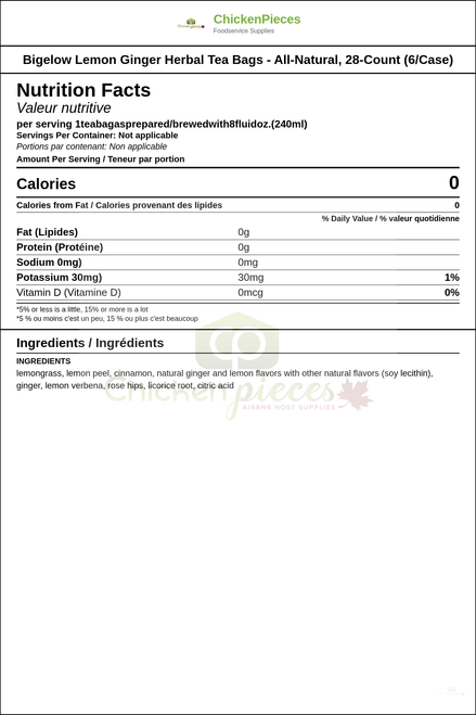 Bigelow Lemon Ginger Herbal Tea Bags - All-Natural, 28-Count (6/Case) — Nutrition and Ingredients Label — www.chickenpieces.com