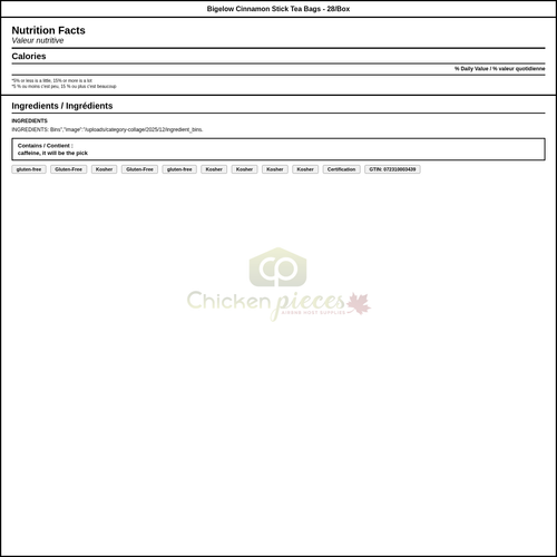Bigelow Cinnamon Stick Tea Bags - All-Natural, 28-Count (6/Case) — Nutrition and Ingredients Label — www.chickenpieces.com