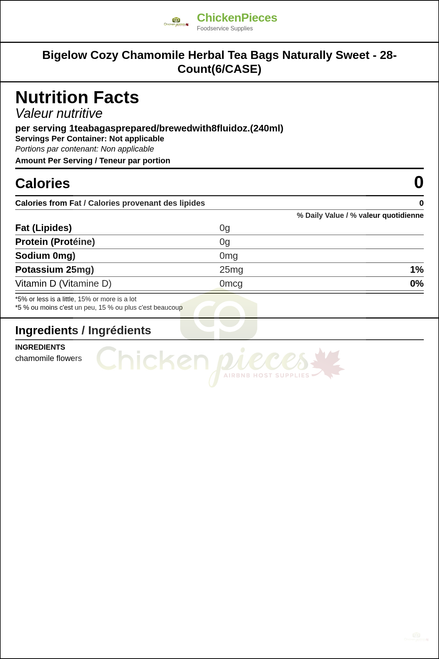 Bigelow Cozy Chamomile Herbal Tea Bags Naturally Sweet - 28-Count(6/CASE) — Nutrition and Ingredients Label — www.chickenpieces.com