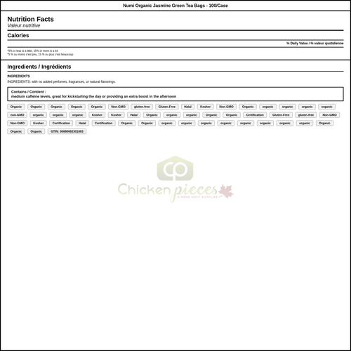 Numi Organic Jasmine Green Tea Bags - 100-Count Case: Fragrant & All-Natural — Nutrition and Ingredients Label — www.chickenpieces.com