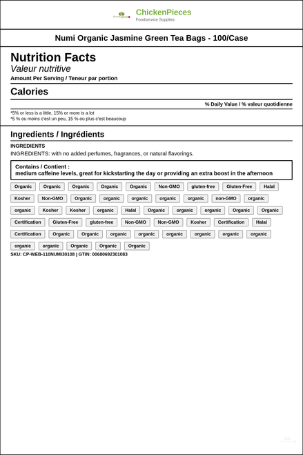 Numi Organic Jasmine Green Tea Bags - 100-Count Case: Fragrant & All-Natural — Nutrition and Ingredients Label — www.chickenpieces.com