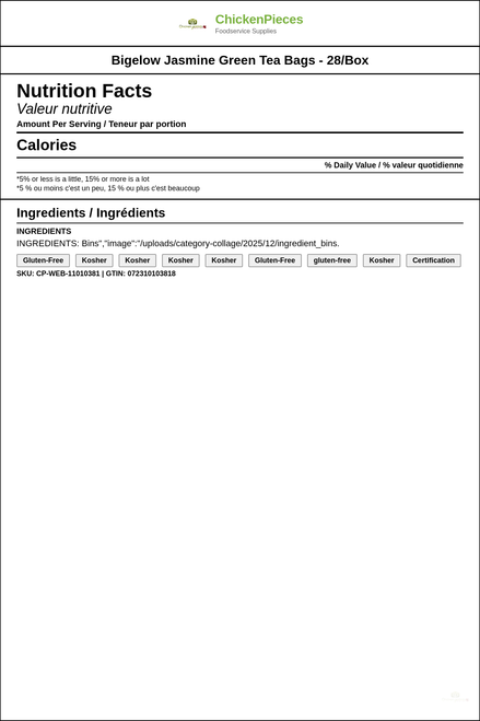 Bigelow Jasmine Soothing Green Tea with Floral Jasmine - 28-Box (6/Case) — Nutrition and Ingredients Label — www.chickenpieces.com