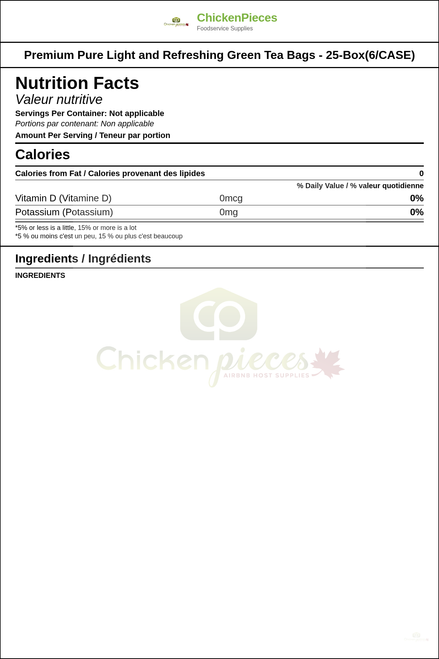 Premium Pure Light and Refreshing Green Tea Bags - 25-Box(6/CASE) — Nutrition and Ingredients Label — www.chickenpieces.com