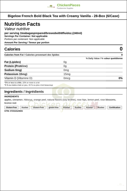 Bigelow French Bold Black Tea with Creamy Vanilla - 28-Box (6/Case) — Nutrition and Ingredients Label — www.chickenpieces.com