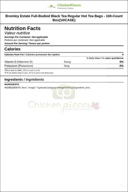 Bromley Estate Full-Bodied Black Tea Regular Hot Tea Bags - 100-Count Box(10/CASE) — Nutrition and Ingredients Label — www.chickenpieces.com