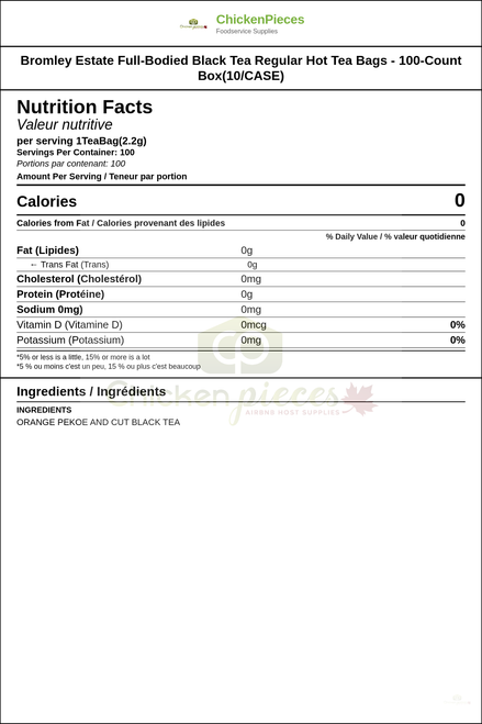 Bromley Estate Full-Bodied Black Tea Regular Hot Tea Bags - 100-Count Box(10/CASE) — Nutrition and Ingredients Label — www.chickenpieces.com
