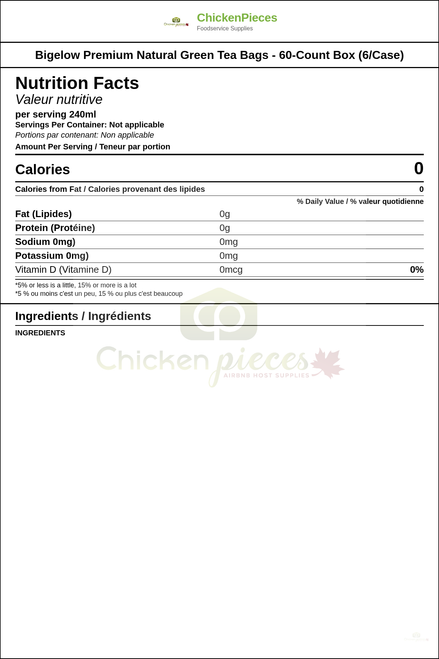 Bigelow Premium Natural Green Tea Bags - 60-Count Box (6/Case) — Nutrition and Ingredients Label — www.chickenpieces.com