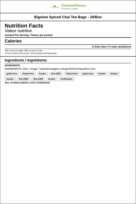 Bigelow All-Natural Spiced Chai Tea Bags - 20-Count Box (6/Case) — Nutrition and Ingredients Label — www.chickenpieces.com