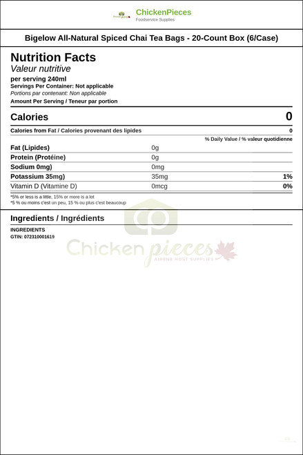 Bigelow All-Natural Spiced Chai Tea Bags - 20-Count Box (6/Case) — Nutrition and Ingredients Label — www.chickenpieces.com