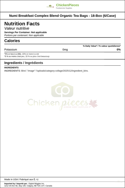 Numi Breakfast Complex Blend Organic Tea Bags - 18-Box (6/Case) — Nutrition and Ingredients Label — www.chickenpieces.com