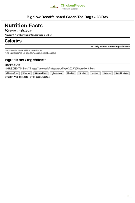 Bigelow Refreshing Decaffeinated Green Tea Bags - 28/Box (6/Case) — Nutrition and Ingredients Label — www.chickenpieces.com
