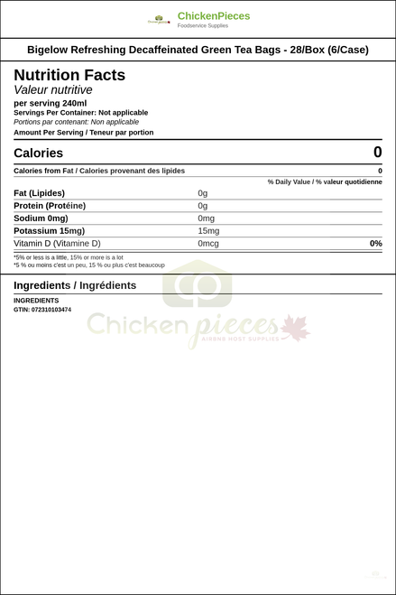 Bigelow Refreshing Decaffeinated Green Tea Bags - 28/Box (6/Case) — Nutrition and Ingredients Label — www.chickenpieces.com