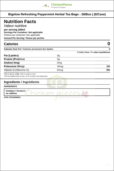 Bigelow Refreshing Peppermint Herbal Tea Bags - 28/Box | (6/Case) — Nutrition and Ingredients Label — www.chickenpieces.com