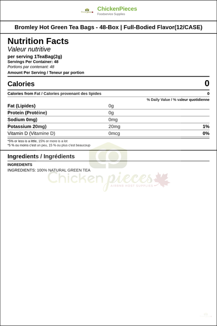 Bromley Hot Green Tea Bags - 48-Box | Full-Bodied Flavor(12/CASE) — Nutrition and Ingredients Label — www.chickenpieces.com
